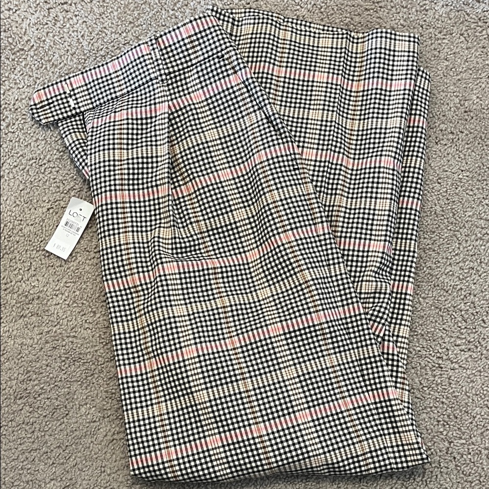 LOFT Black & White Plaid Trousers with Pink & Tan Accents